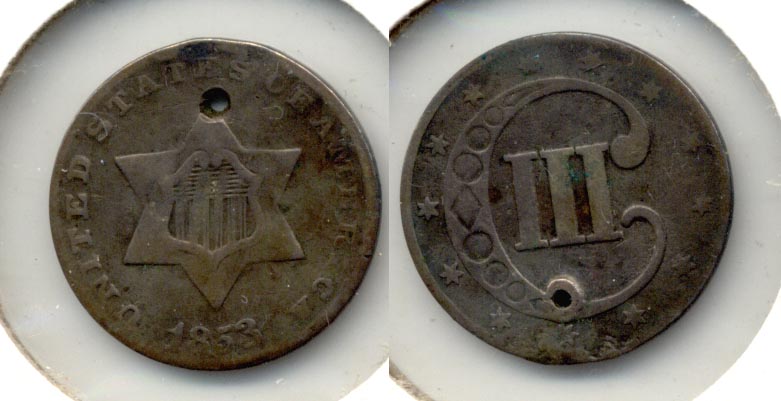 1853 Three Cent Silver F-12 a Holed