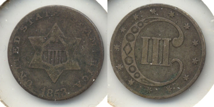 1853 Three Cent Silver VG-8 a