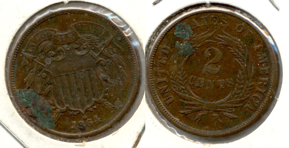 1864 Large Motto Two Cent Piece AU-50 Green Spots