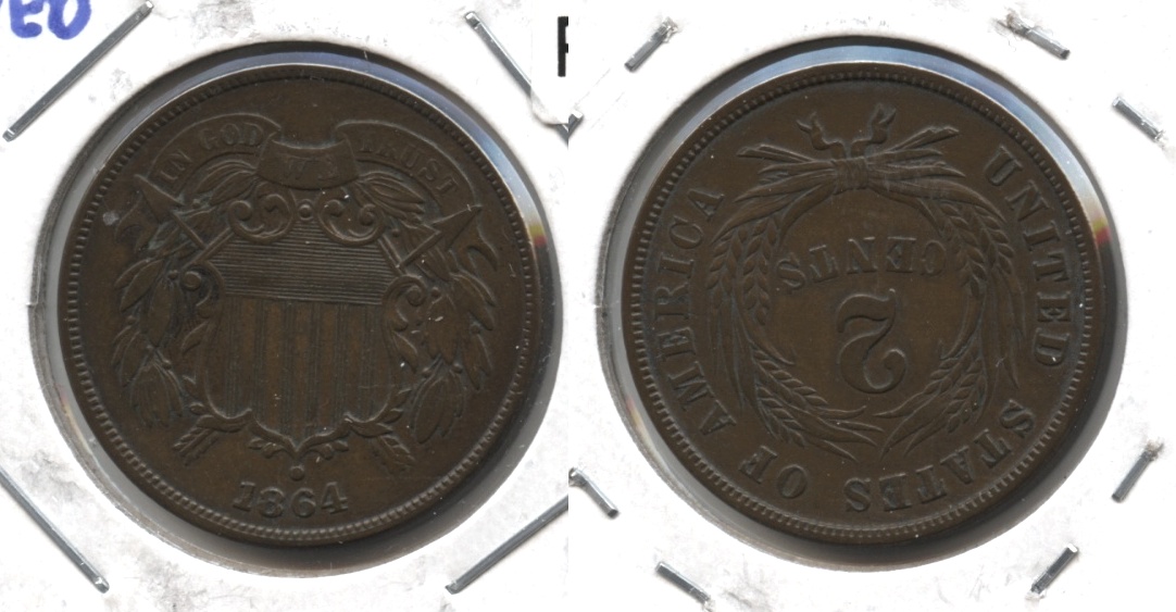 1864 Large Motto Two Cent Piece AU-50 #d Rotated Reverse