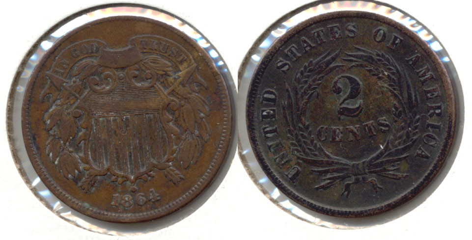1864 Large Motto Two Cent Piece Fine-12 e Slight Rim Ding