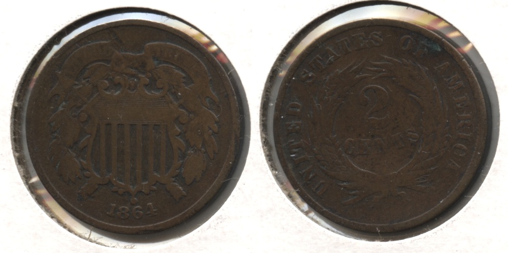 1864 Large Motto Two Cent Piece VG-8 #u Obverse Bump