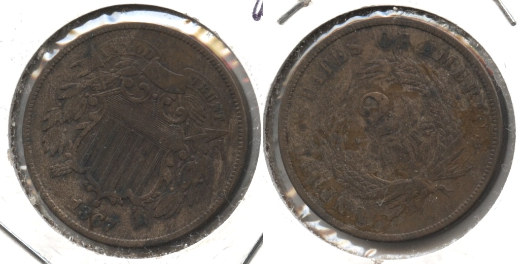 1867 Two Cent Piece Fine-12 Cleaned Retoned