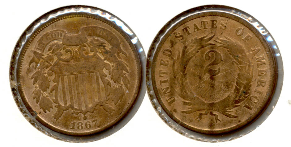 1867 Two Cent Piece VG-8 Cleaned Retoning